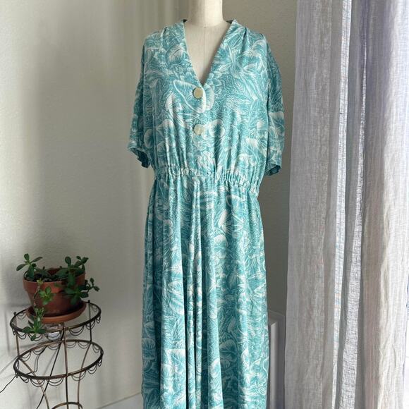 Women’s large dress Aqua White Floral Midi Dress Vintage Summer - Picture 2 of 4